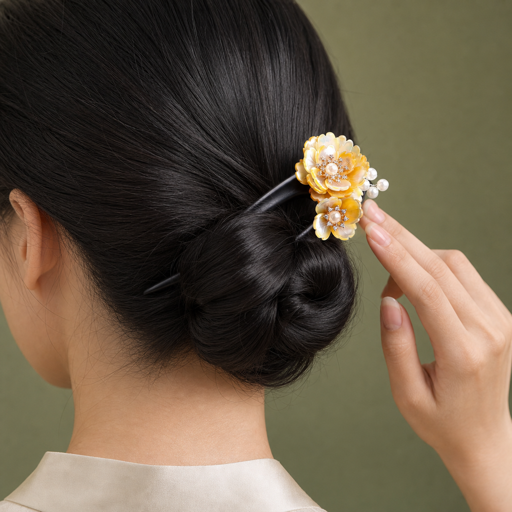 Yellow Flower Ebony Wood Hair Fork