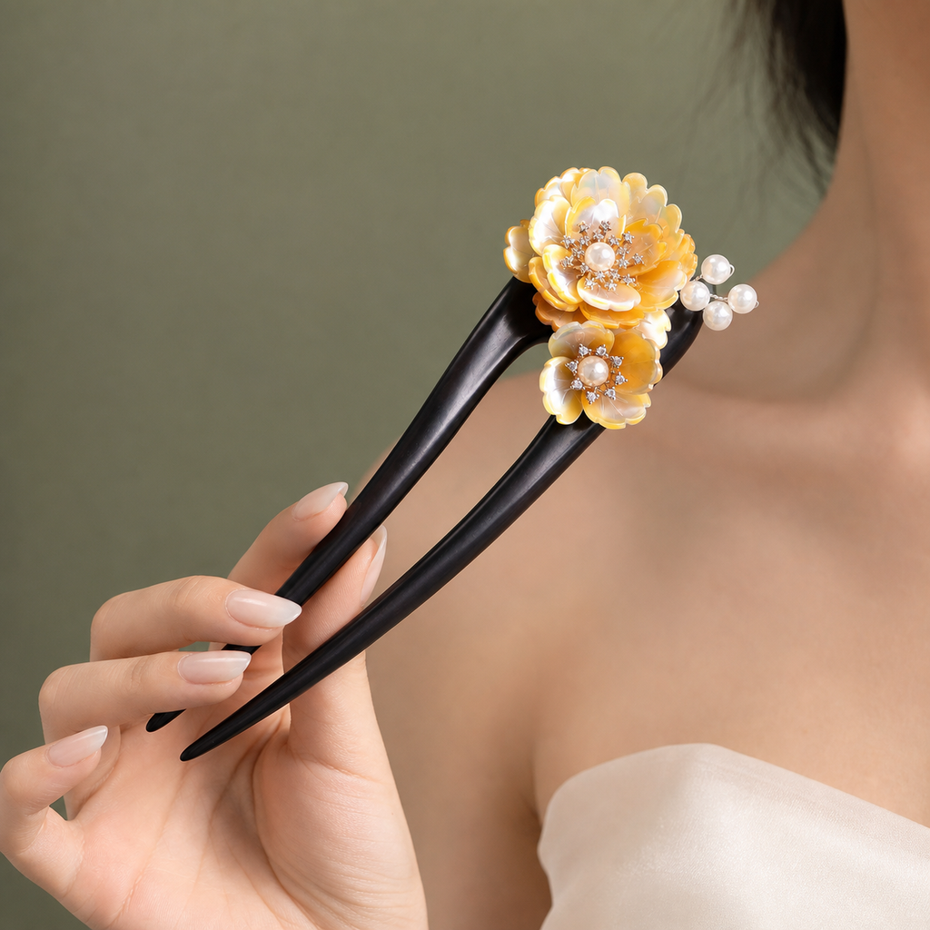 Yellow Flower Ebony Wood Hair Fork