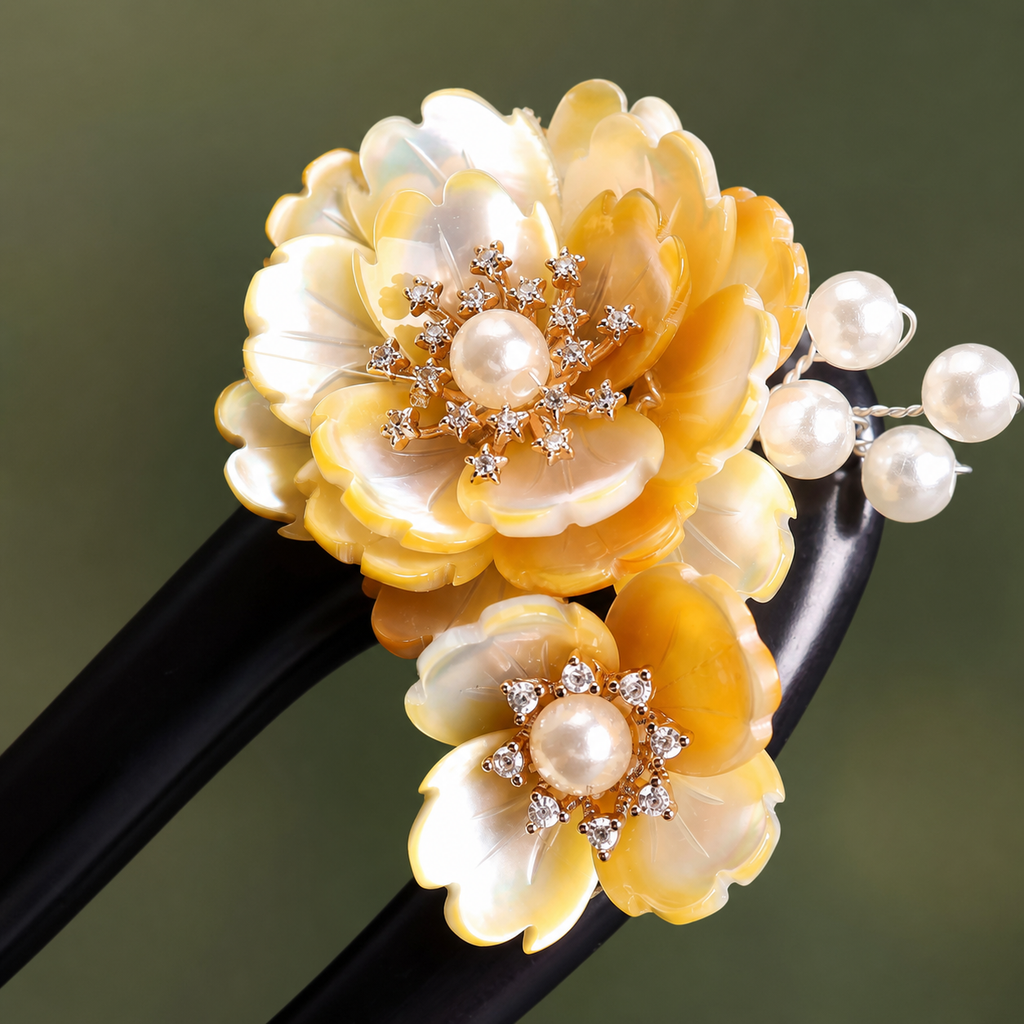 Yellow Flower Ebony Wood Hair Fork