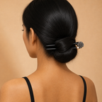 Close-up of a modern casual French twist on soft-textured blonde hair, locked in place with a lightweight Blossom Rose wooden hair fork for comfortable all-day wear.