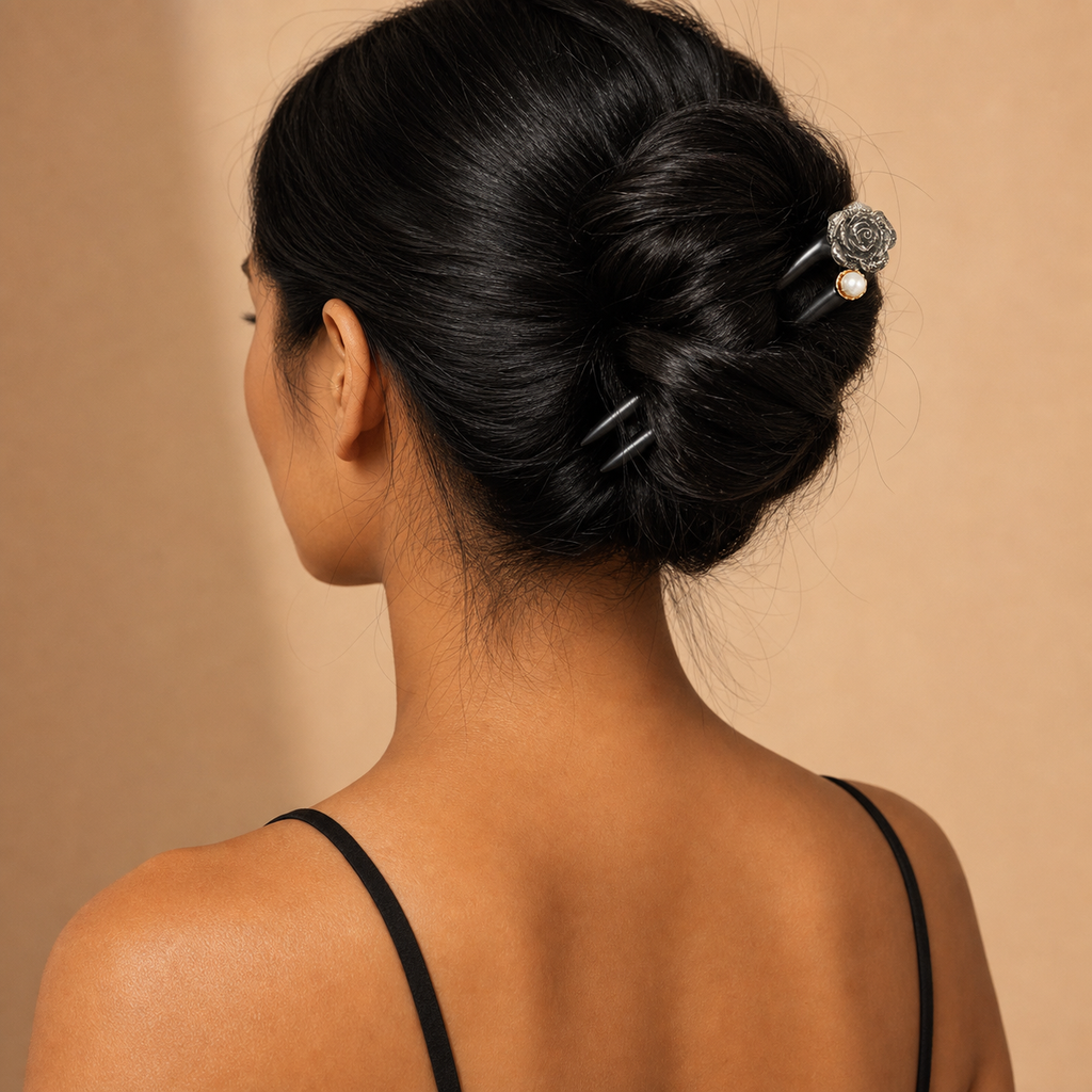 Rear view of a woman with fine, dark brown hair securing a high messy bun effortlessly using the HairFork 13cm 2-prong ebony wood pin for a secure, tension-free hold.