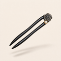 HairFork 13cm Blossom Rose ebony wood hair fork with a hand-carved floral motif, showcased as a minimalist and eco-friendly 2-prong wooden hair pin alternative to plastic claw clips.