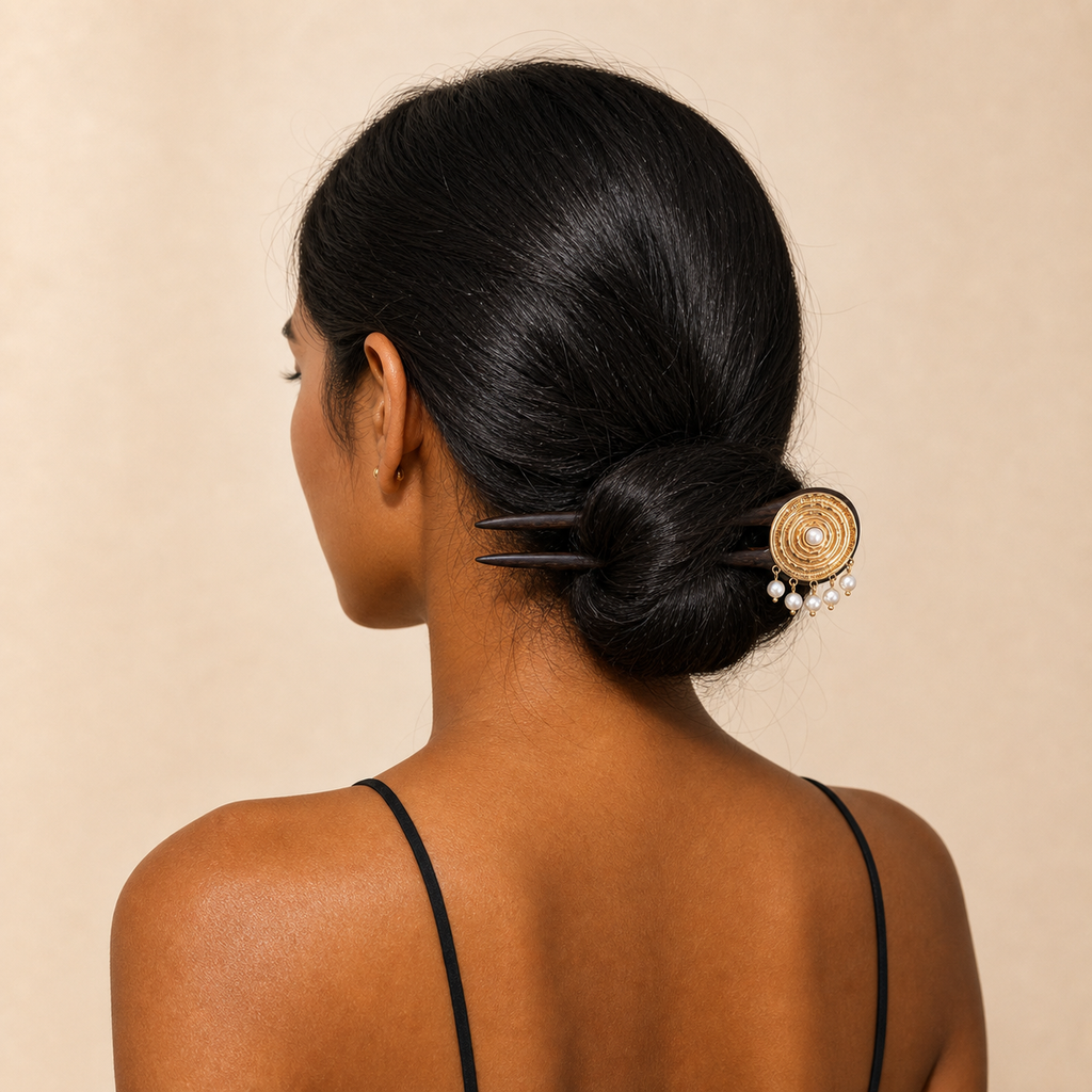 Bohemian Pearl Ebony Hair Fork for bun