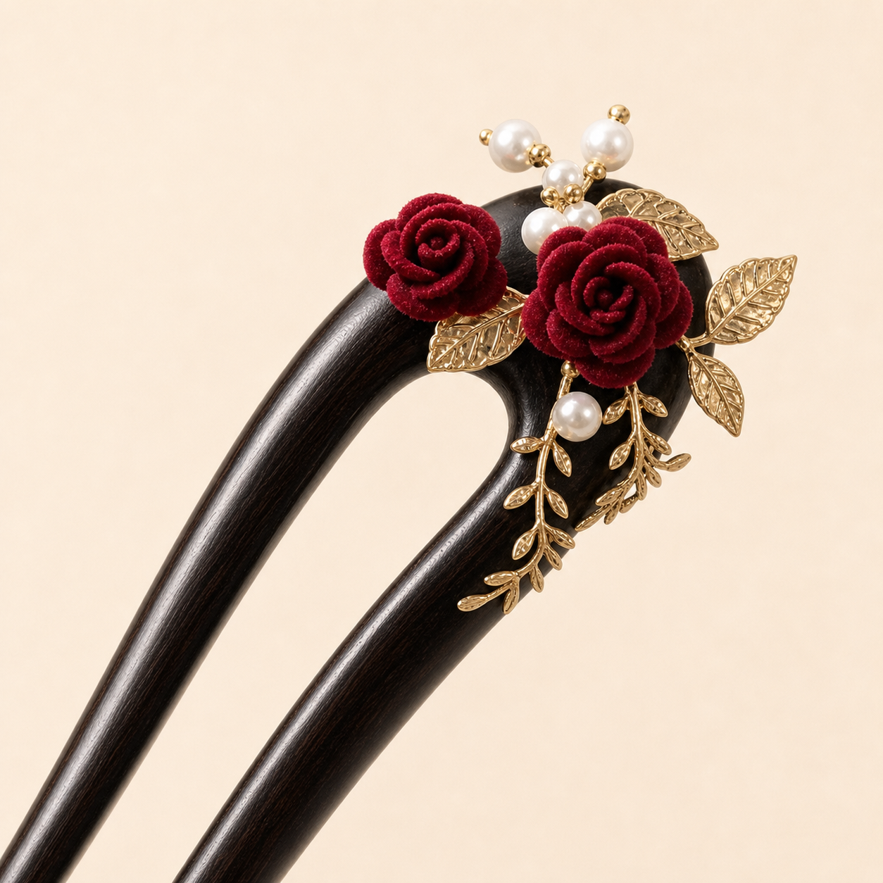Close-up of camellia ebony hair fork with smooth natural wood grain and floral accent for thick hair and elegant updos
