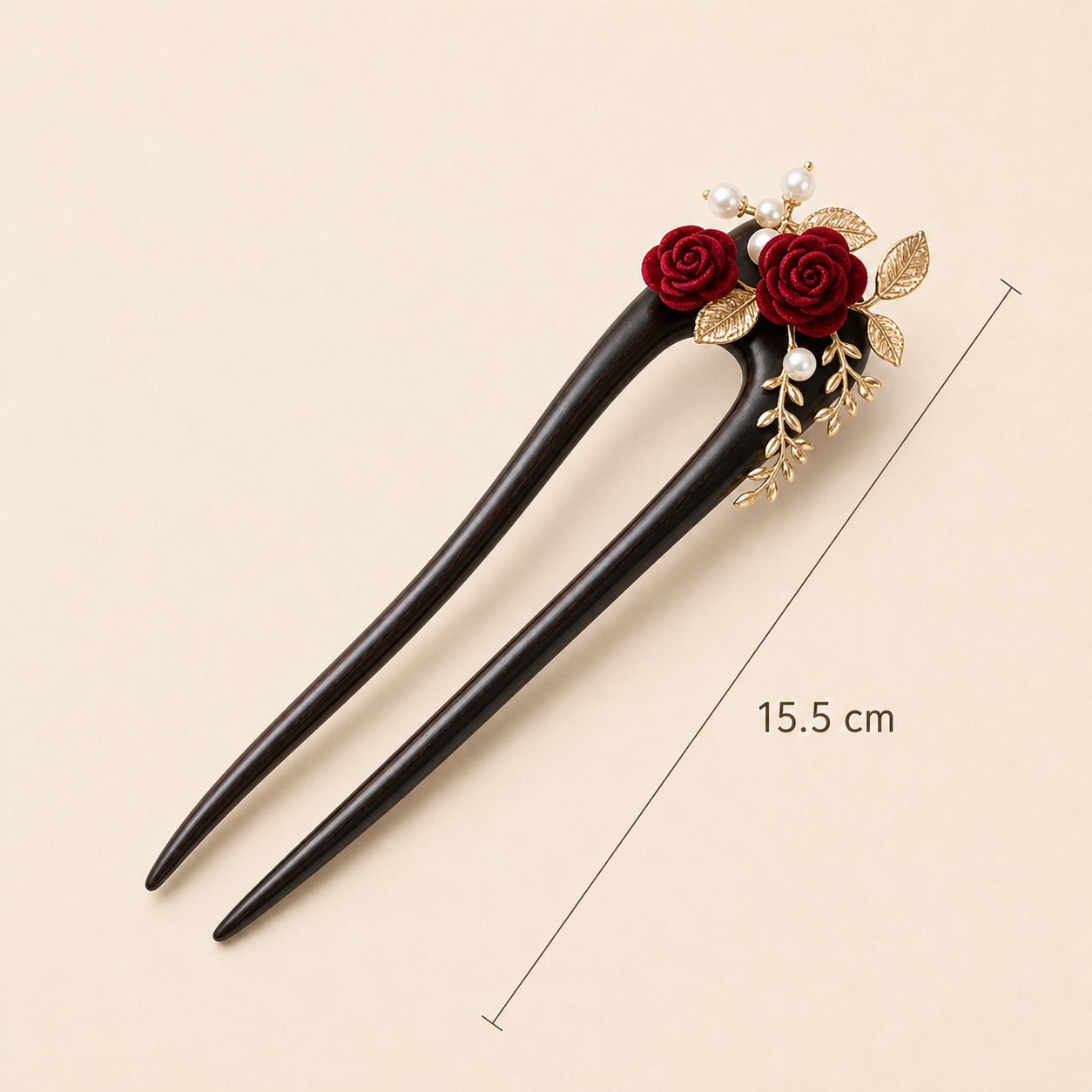15.5cm camellia ebony wood hair fork placed at a 45-degree angle with size marked in centimeters for long thick hair