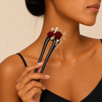 Model holding a 15.5cm camellia ebony hair fork, a natural wood hair accessory for thick, wavy, and curly hair