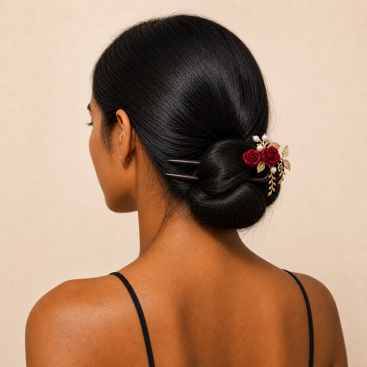 Model wearing camellia ebony hair fork in a low bun, creating a secure updo for thick hair, long hair, and full hair volume