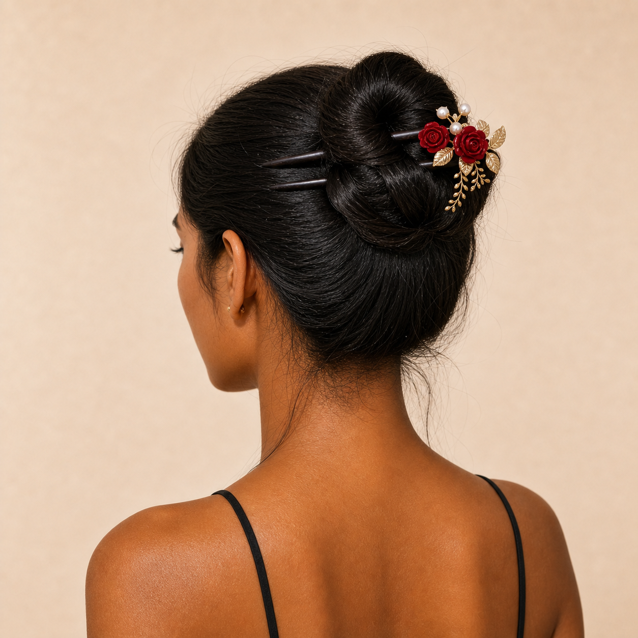 Model wearing camellia ebony wood hair fork in a high bun, showing strong hold for heavy buns, curly hair, and everyday long hair styling