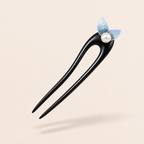 HairFork 12cm and 14cm fishtail ebony wood hair forks, shown as simple 2-prong wooden hair pins for everyday hairstyles.