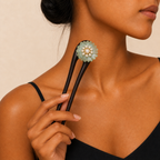 Model holding a 16.5cm green glaze flower ebony hair fork, a natural wood hair accessory for curly, wavy, and thick hair