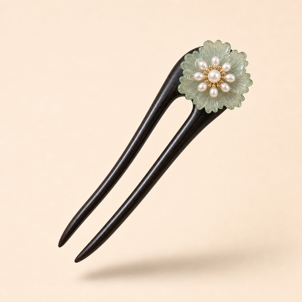 Green glaze flower ebony wood hair fork floating at a 45-degree angle with soft shadow, showing long shape for secure buns

