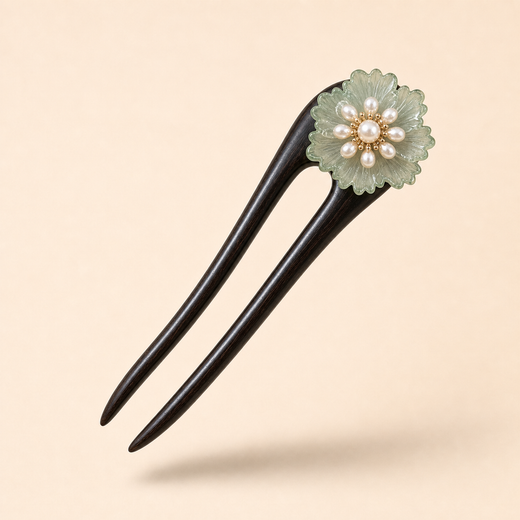 Green Glaze Flower Ebony Hair Fork