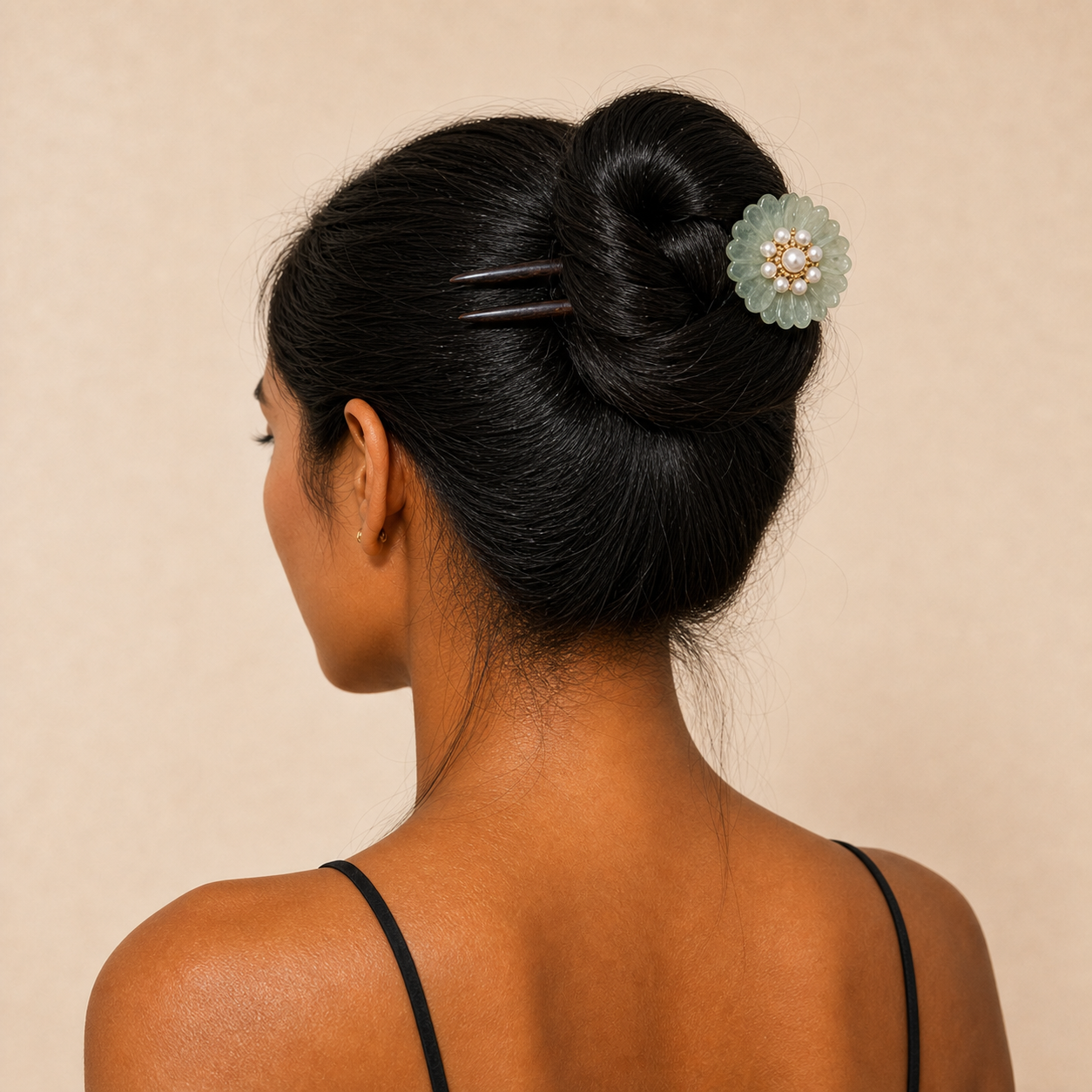 Model wearing green glaze flower ebony hair fork in a high bun, showing strong hold for full hair volume, heavy hair, and everyday long hair styling