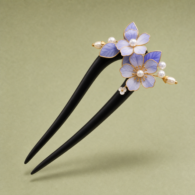 Purple Flower Pearl Ebony Hair Fork