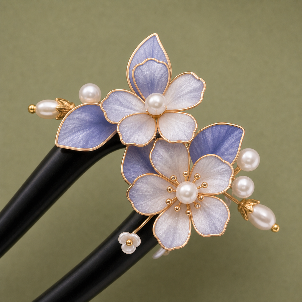 Close-up of ebony wood hair fork with pearl flower detail