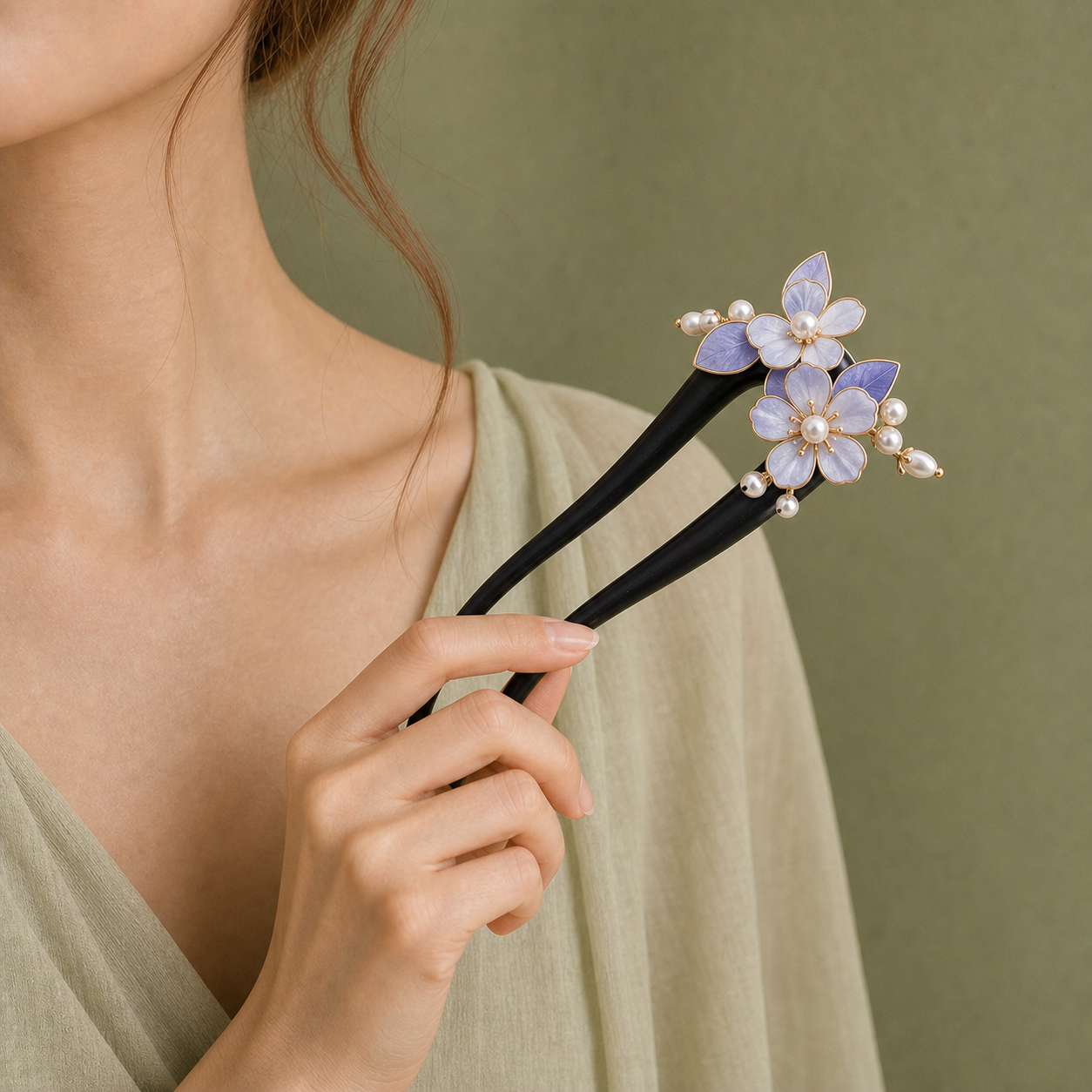 Model holding purple flower pearl ebony hair fork