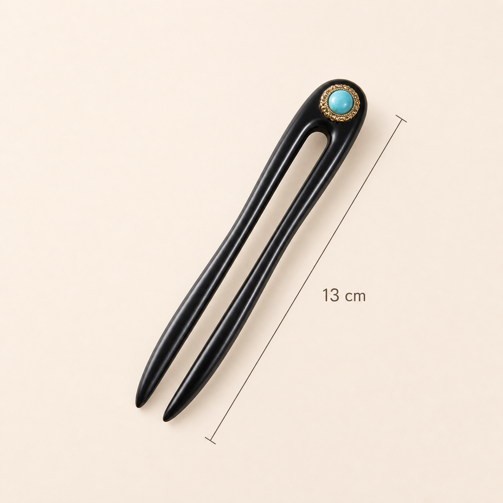 13cm turquoise ebony wood hair fork placed at a 45-degree angle with size marked in centimeters for fine and medium hair