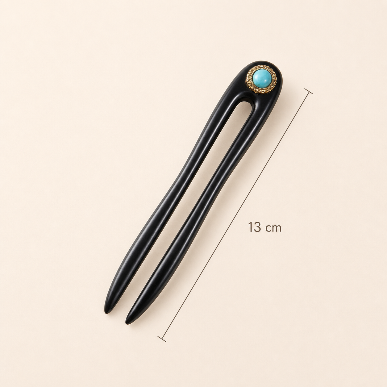 13cm turquoise ebony wood hair fork placed at a 45-degree angle with size marked in centimeters for fine and medium hair