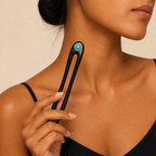 Model holding a 13cm turquoise ebony wood hair fork, a lightweight natural hair accessory for fine to medium hair