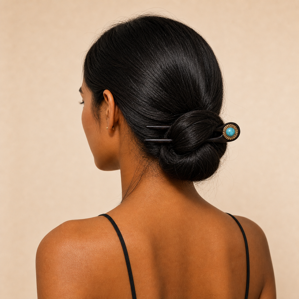 Model wearing turquoise ebony wooden hair fork in a low bun, creating a secure everyday updo for fine or medium hair