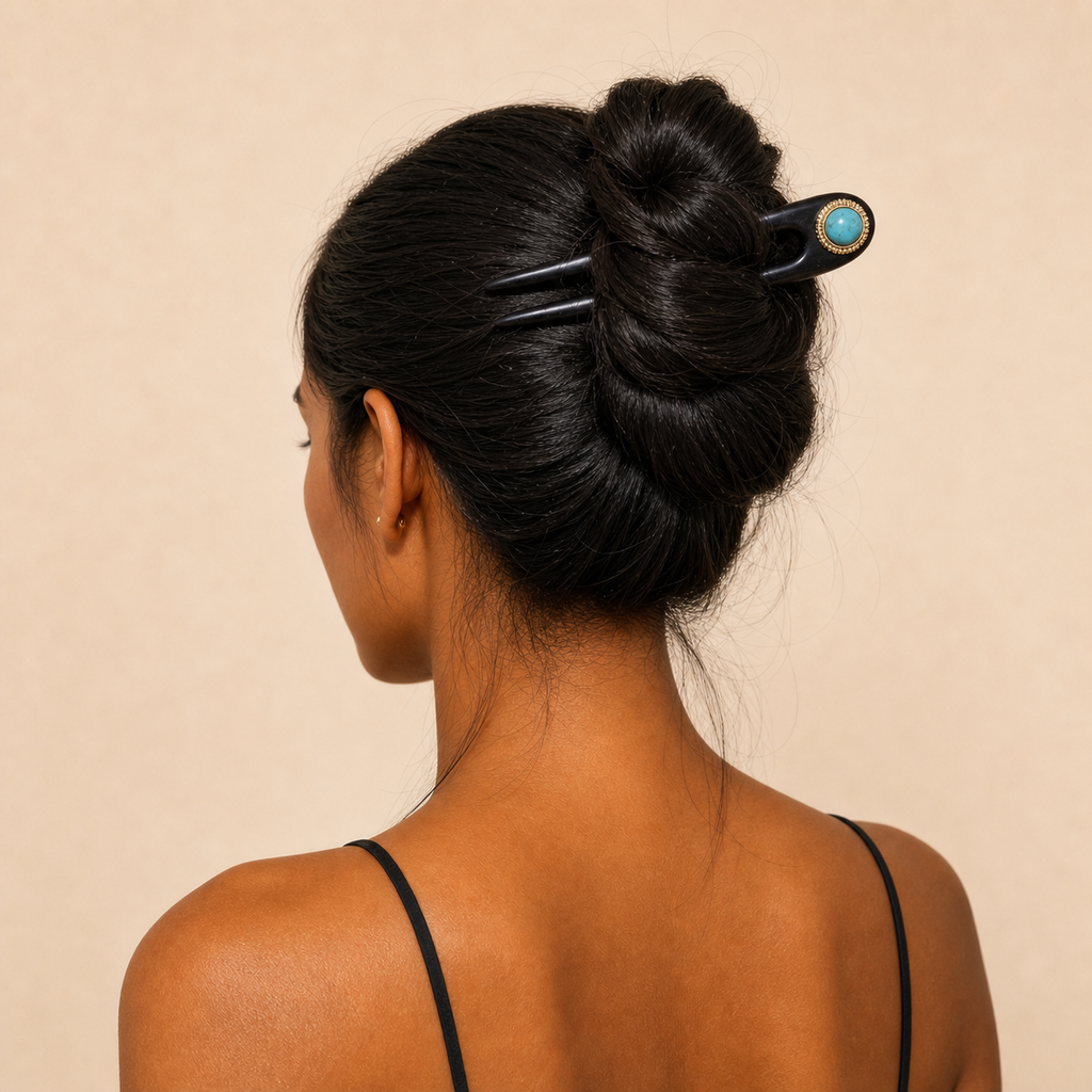 Model wearing turquoise ebony wood hair fork in a high bun, showing an elegant lightweight hold for medium-length and long hair