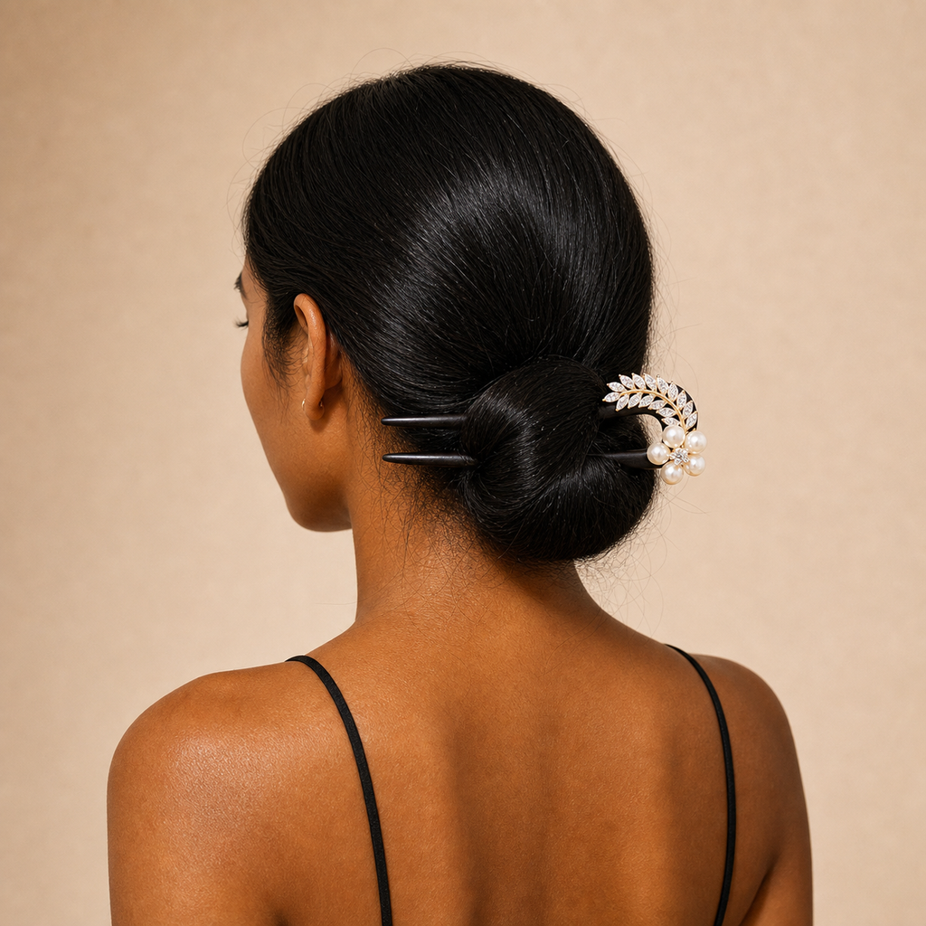 Woman with a stylish hair bun adorned with a decorative hairpin against a beige background
