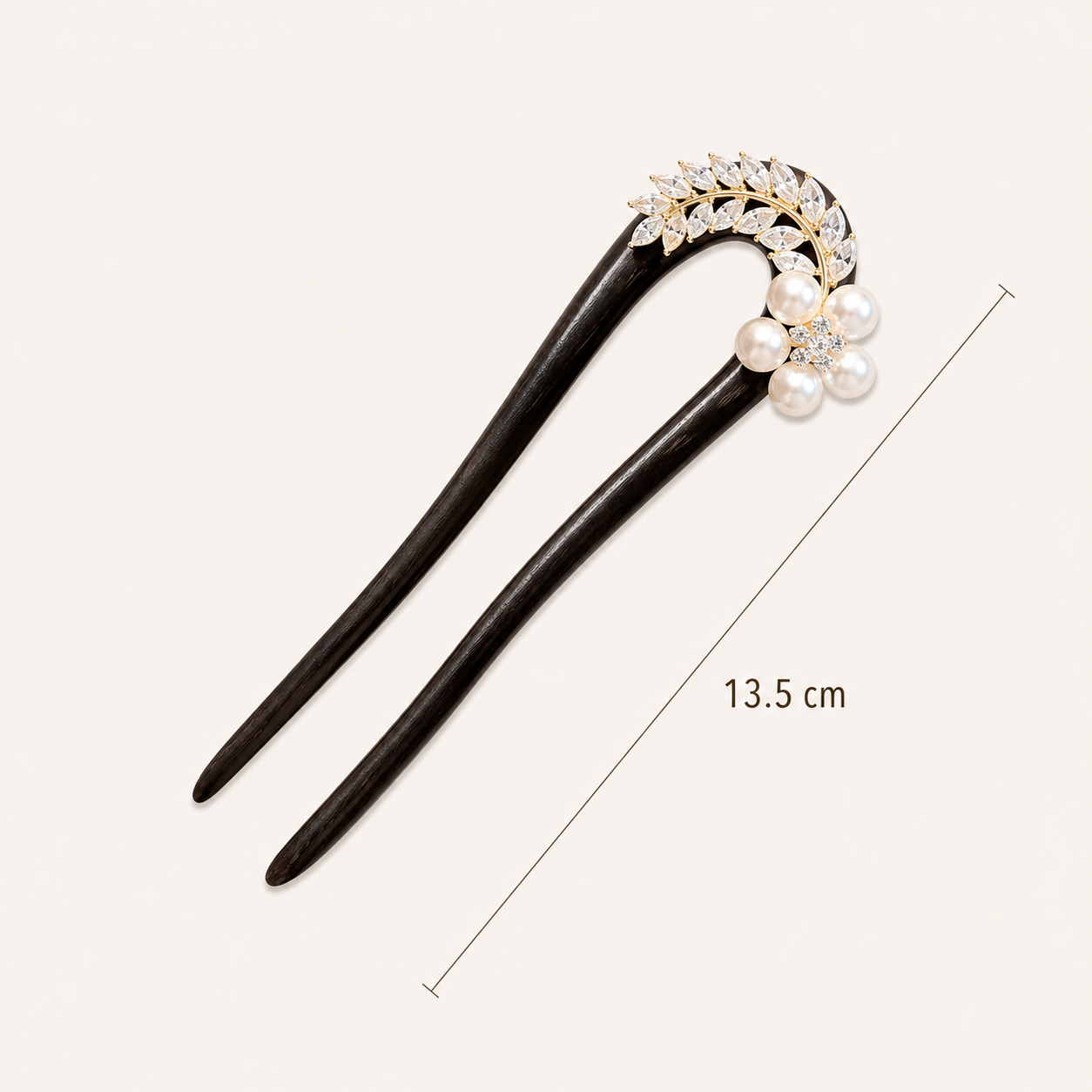 Wheat Grain Wood Hair Fork with pearls and crystals on a white background