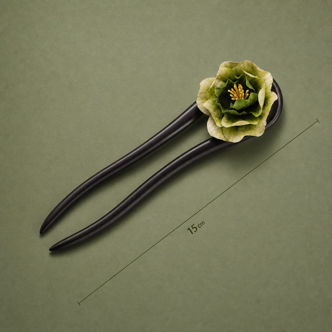 Green Velvet Flower Ebony Wood Hair Fork : - HairFork