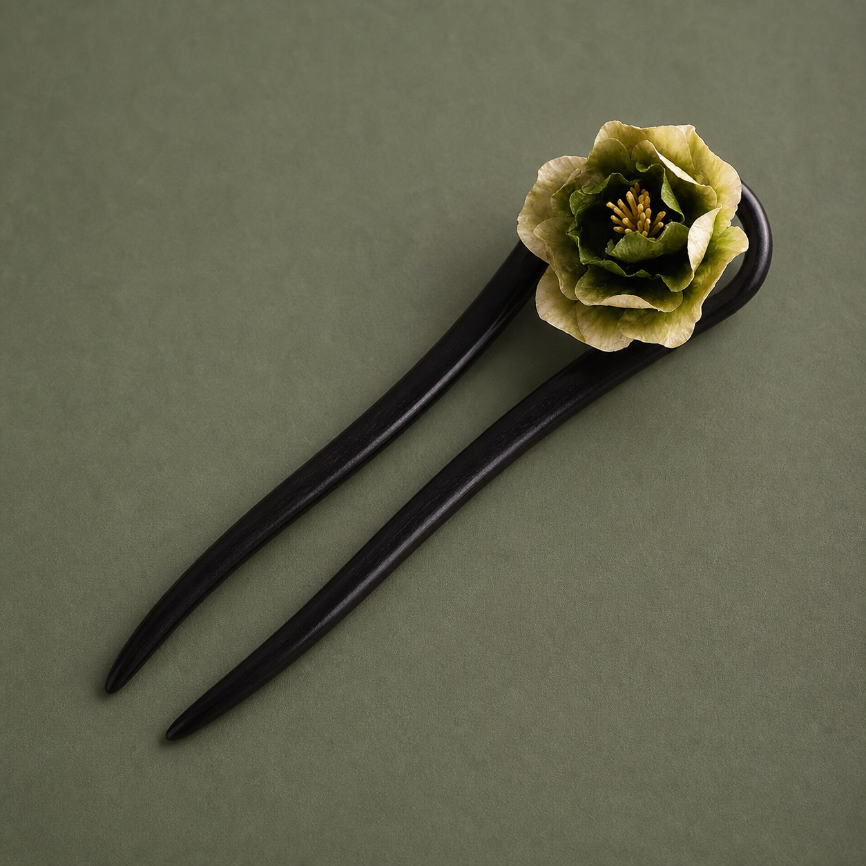 Green Velvet Flower Ebony Wood Hair Fork : - HairFork