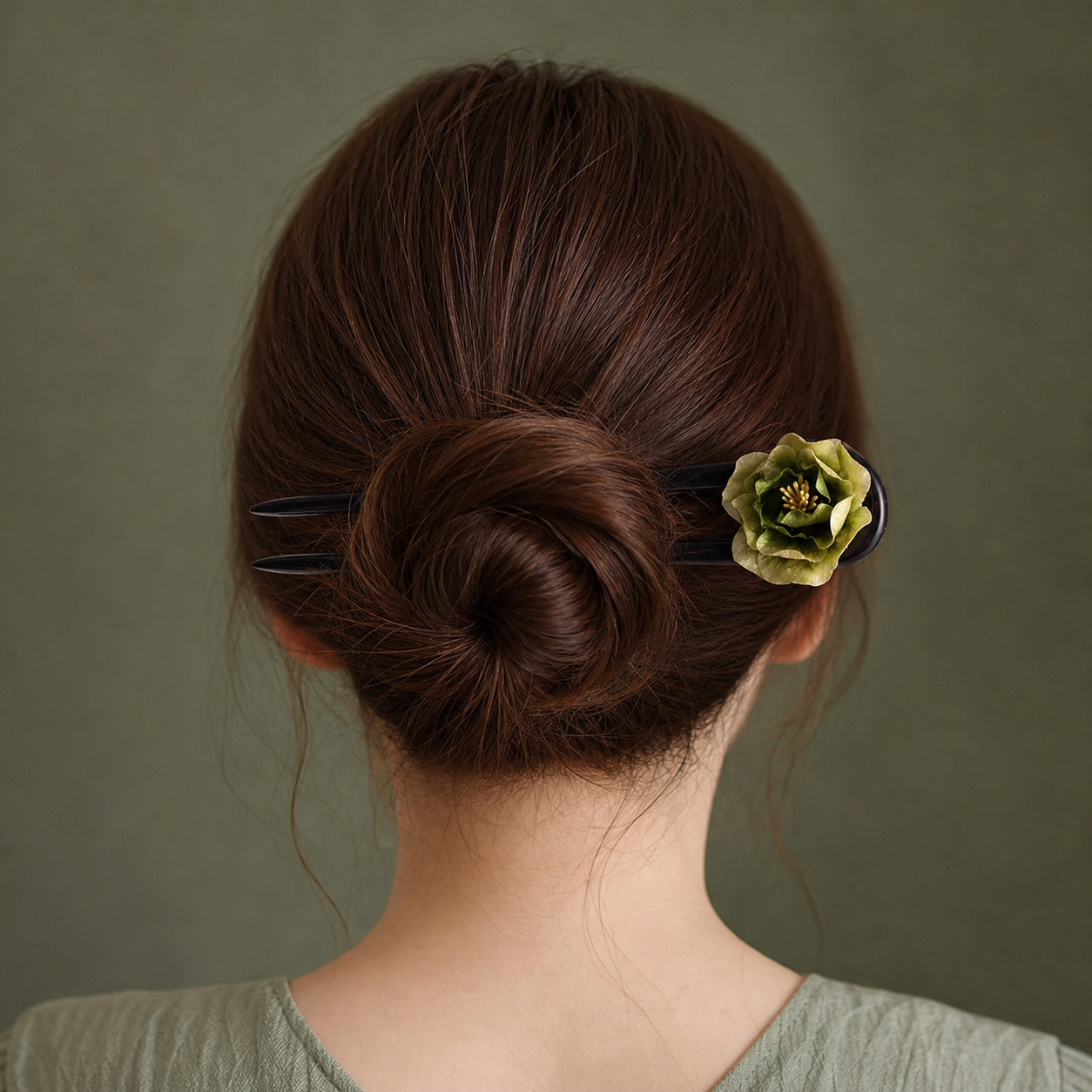 Green Velvet Flower Ebony Wood Hair Fork : - HairFork