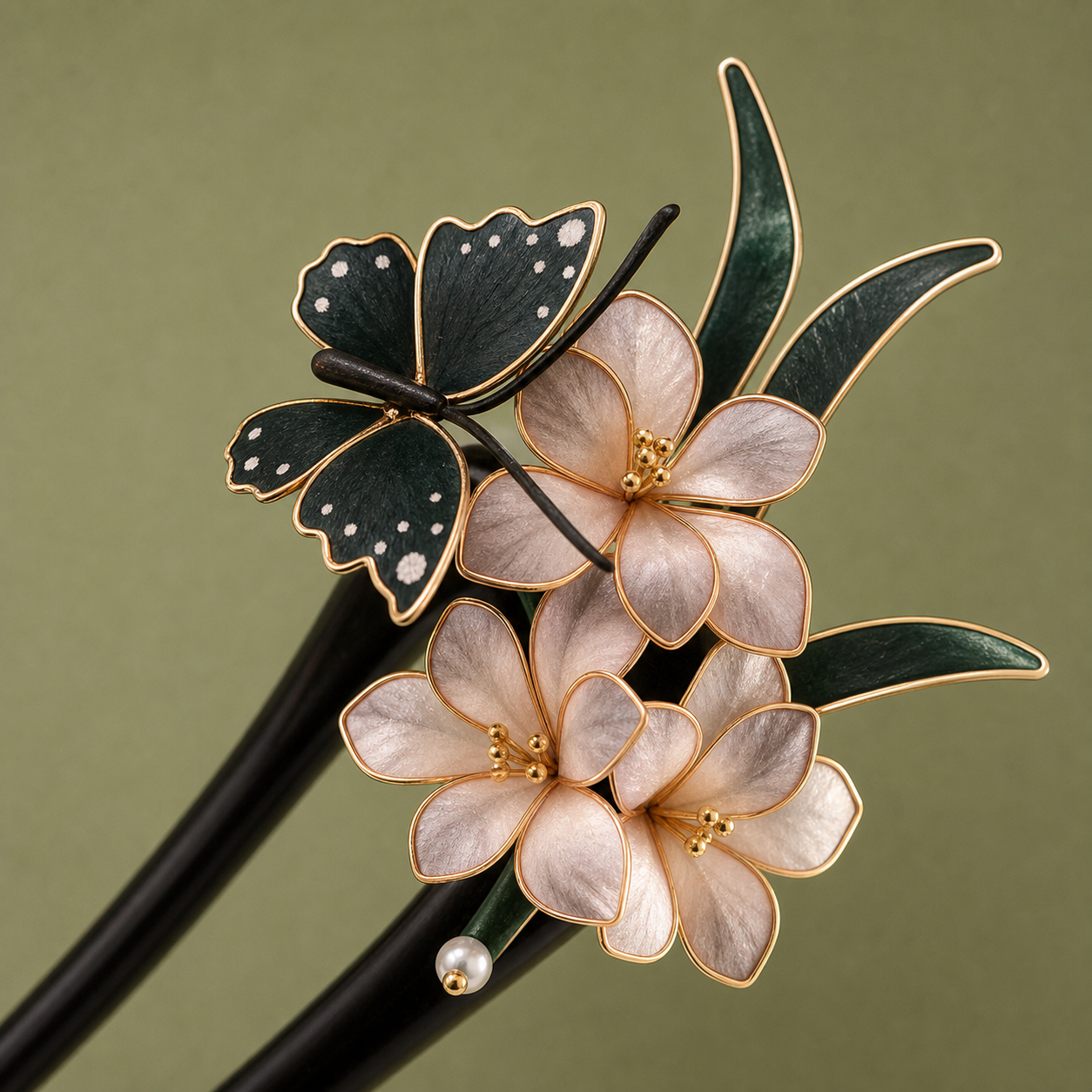Close-up of polished wooden hair fork flower detail