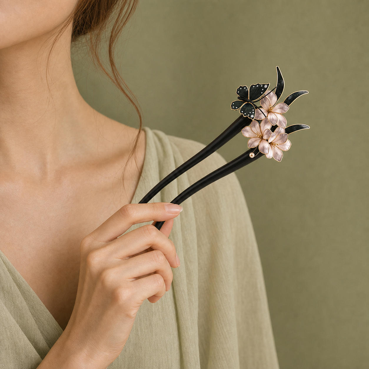 Model holding butterfly and flower HairFork hair pin