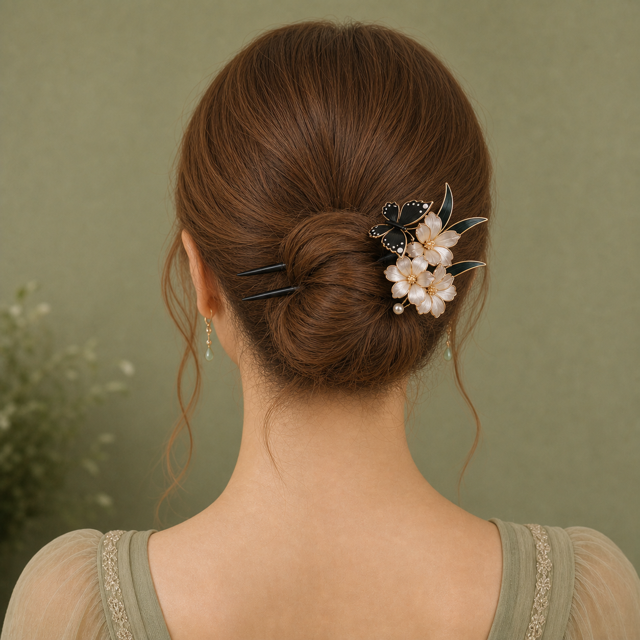 Model wearing butterfly flower hair fork in a low bun